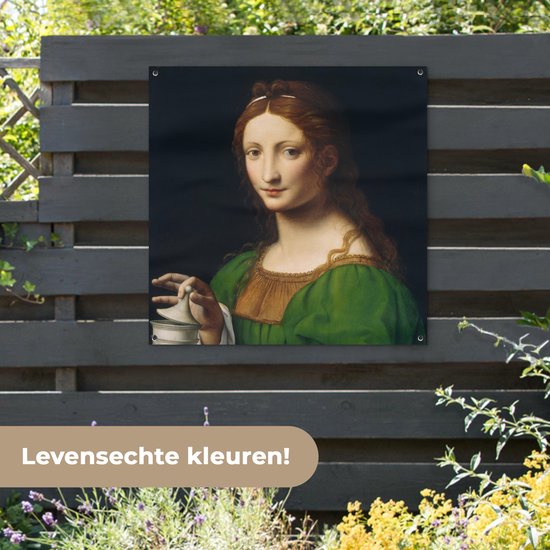 Tuinposter 100x100 cm - Tuindecoratie Maria Magdalena - Leonardo da Vinci - Poster voor in de tuin - Buiten decoratie - Schutting tuinschilderij - Tuindoek muurdecoratie - Wanddecoratie balkondoek