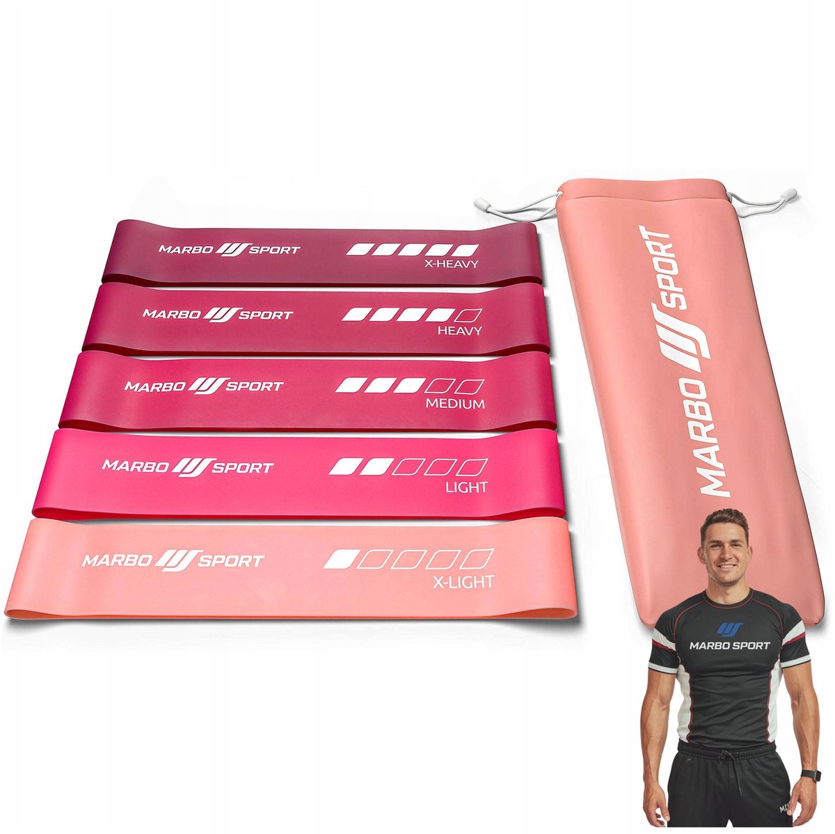 Marbo Sport - Weerstandsbanden set - Resistance Bands - 5 stuks - Fitness elastieken voor thuisgym en Home Gym - Krachttraining en mobiliteit - Roze