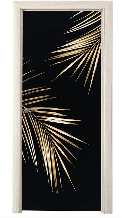 Deurposter 80x205 cm - Deursticker Bladeren - Planten - Goud - Zwart - Luxe - Meubelfolie zelfklevend - Deurfolie woonkamer - Interieurfolie fotobehang - Deur plakfolie - Deurstickers - Deurbehang sticker - Kamer decoratie