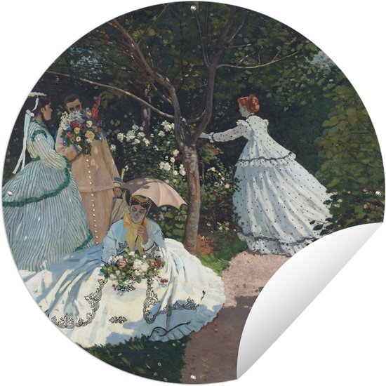 Des femmes dans un jardin en tenue d'été, avec un parasol et des fleurs. Une peinture circulaire.