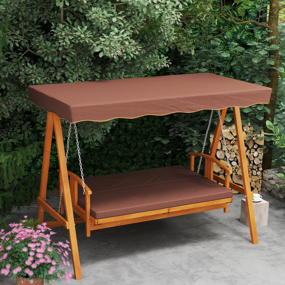 Pugsdrly Hollywoodschommel met zonnescherm, tuinschommel van echt hout, schommelbank met ligfunctie, voor 3 personen, bruin
