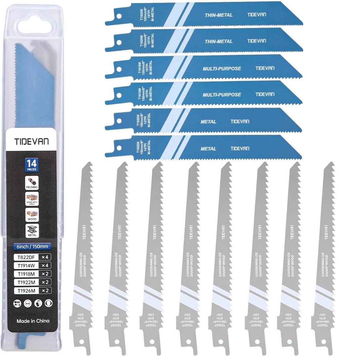 Dailygoods - Cosensi - Dailygoody - Reciprocating Saw Blades - Sabre Saw Blades Set - 14 Stuks - Blauw - Bi-Metaal - Geschikt voor Hout en Metaal - Inclusief Opslagbox