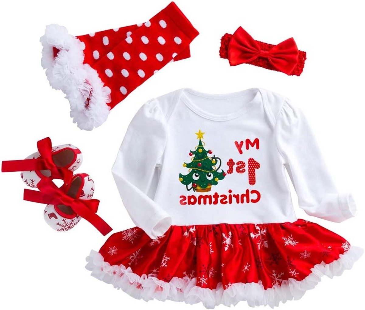Schattige kerstoutfit voor pasgeboren meisjes met rompertje, tutu, haarband, beenwarmers en schoenen