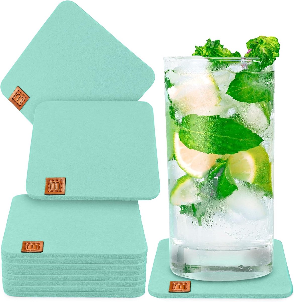 Miqio Stone Design Vilten onderzetters, 10 stuks, 13 x 11 cm, duurzame Oekotex glazen onderzetters van vilt, 10 onderzetters voor dranken, glazen, kaarsen, kopjes, bar, tafeldecoratie, mint