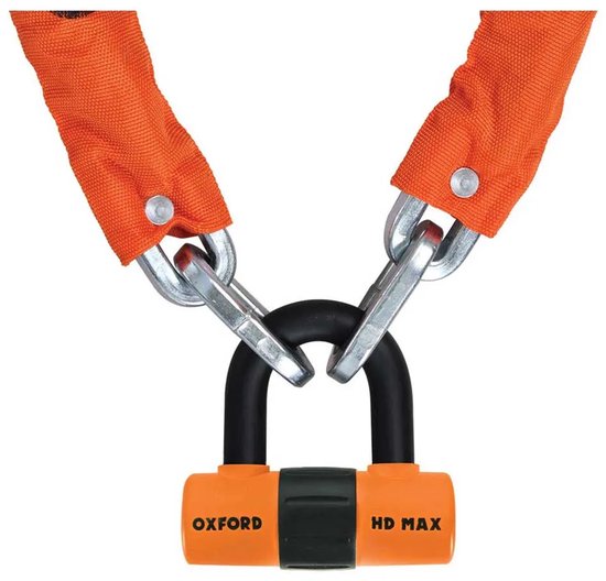 Oxford HD kettingslot met oranje beschermhoes en zwart/oranje slot met 'OXFORD' en 'HD MAX' tekst.