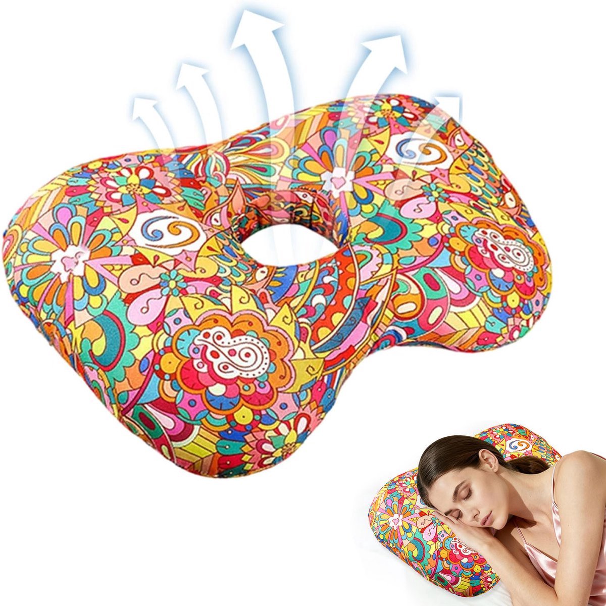 Oorpiercingkussen — 41 x 27 x 9 cm — Oorbeschermingskussen — Traagschuim — Donutkussen met oorgat — Zijslaperkussen — Ringkussen — Specifiek piercingkussen — Ringkussen tegen oorpijn — Hoofdkussen — Kussen voor zijslapers — Rood