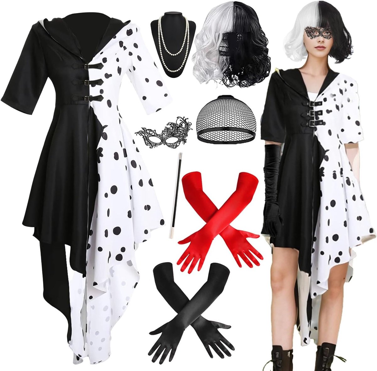 Cruella Halloween Kostuum Set met Zwart-Witte Jurk, Perlenkettingen, Paraplu en Accessoires voor Carnaval en Feestjes