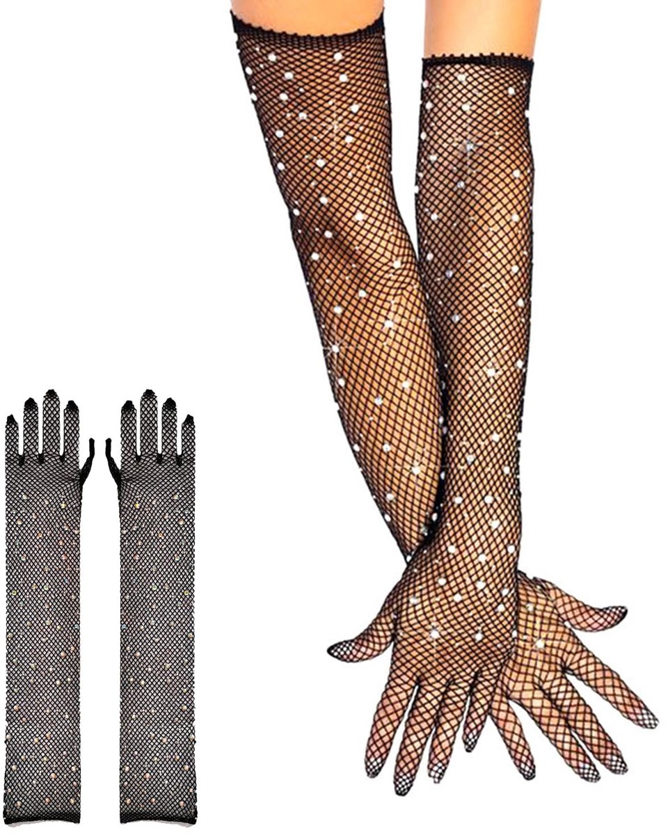 Dailygoods - Lange Dameshandschoenen van Kant met Strasssteentjes Zwart