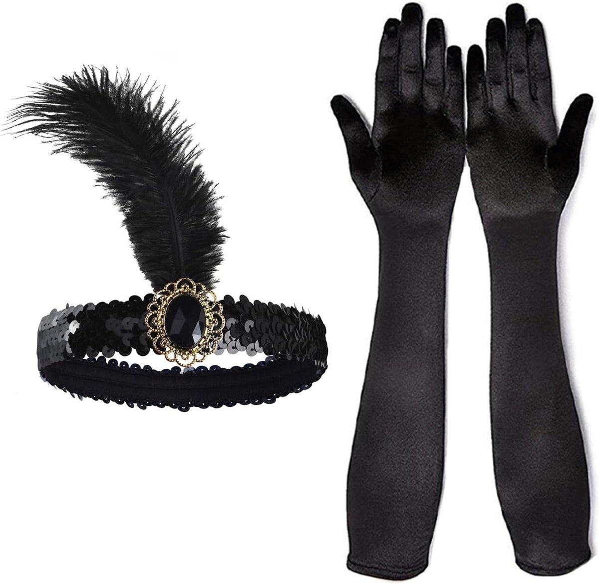 Feather headband en lange satijnen handschoenen, 1920s Gatsby kostuumaccessoires voor dames, perfect voor themafeesten en opera-avonden