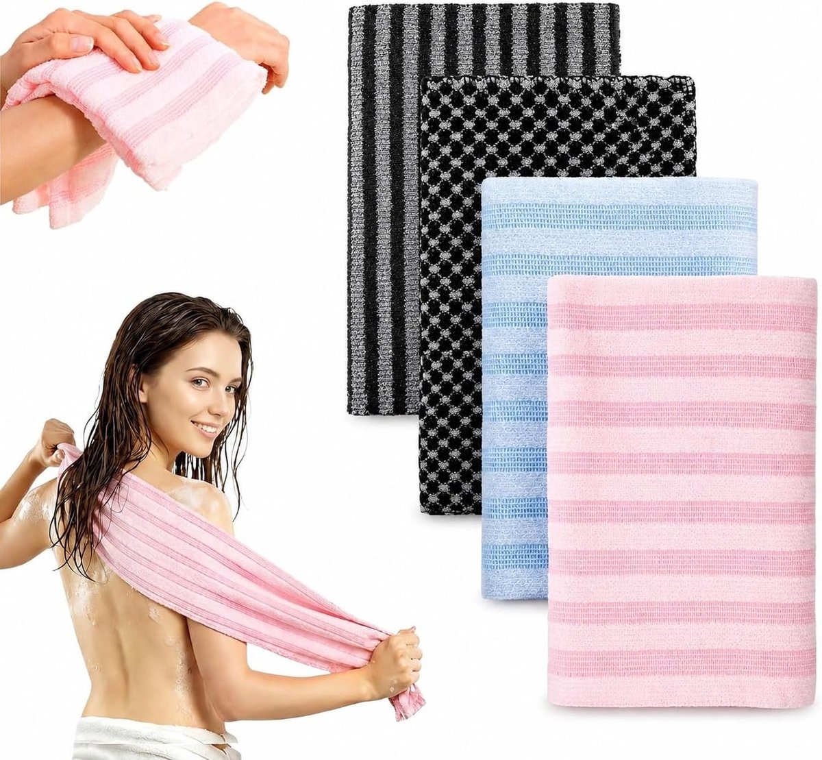 Exfoliërende handdoeken set van 4, antibacteriële douchehanddoeken voor dieptereiniging, ideaal voor huidverzorging en scrubben van rug en lichaam