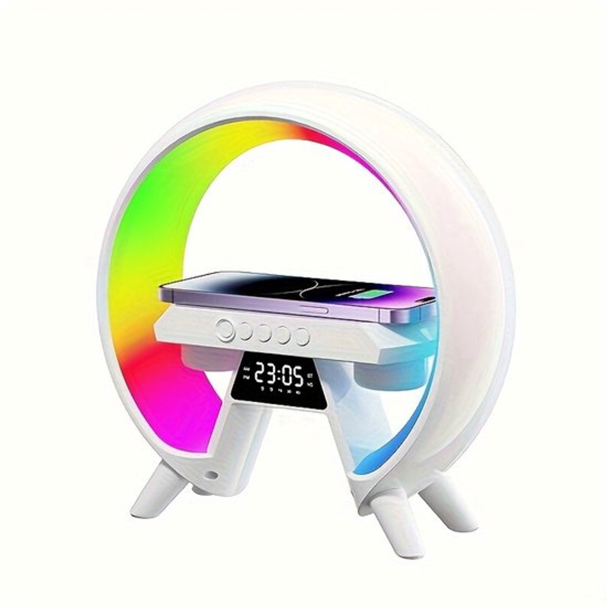 Draagbare draadloze speaker met RGB-sfeerverlichting, wekker en draadloos opladen; dubbele voeding - wit.