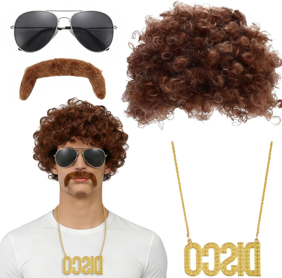 Retro Disco Kostuum voor Mannen met Perkament, Zonnebril en DISCO Ketting voor Carnaval en Feestjes
