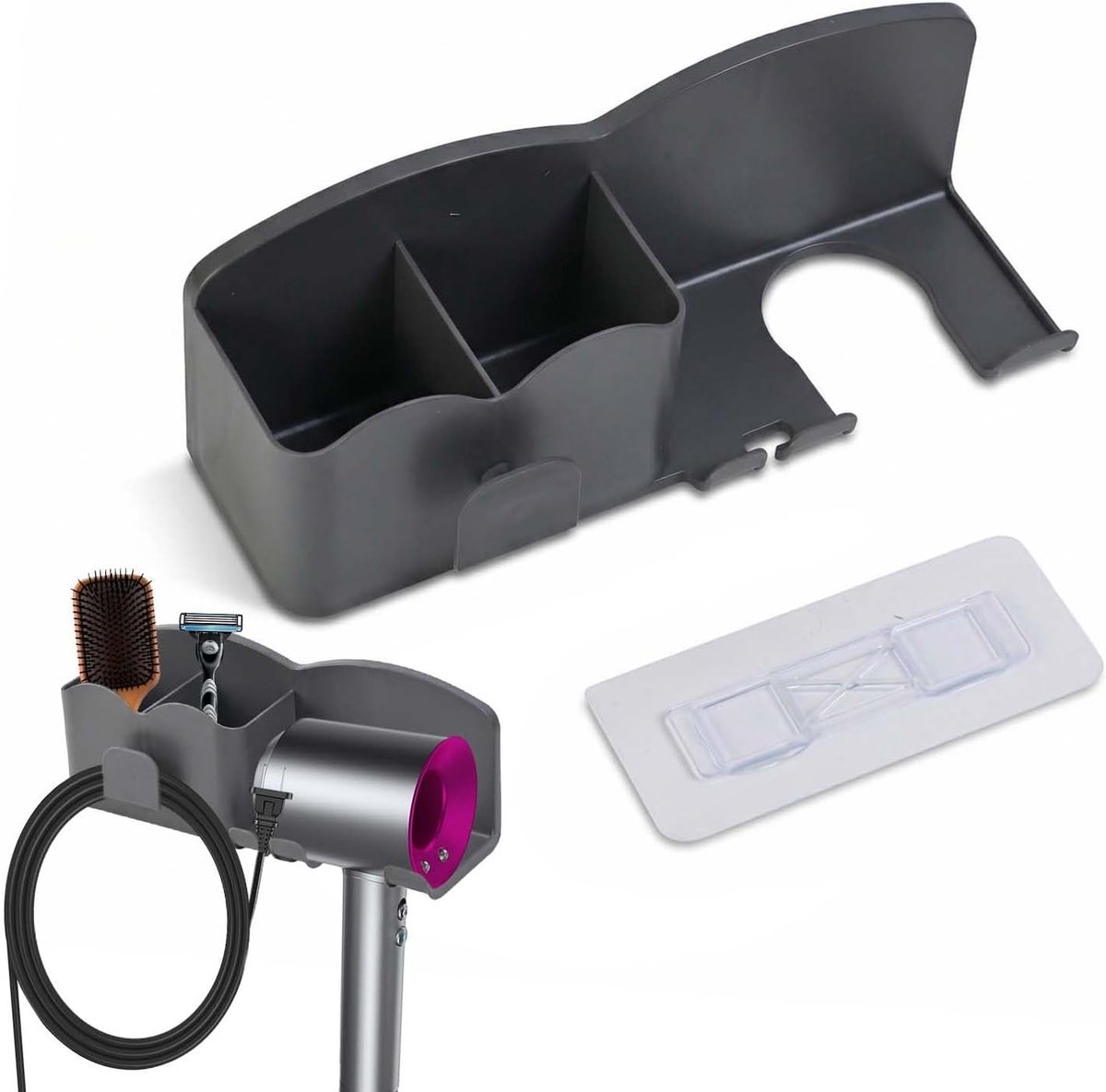 Wandmontage mobiele telefoonhouder voor badkamer, ruimtebesparende organizer met haardroger- en kabelhouder, ideaal voor thuisgebruik