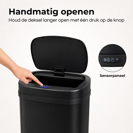 Zwarte sensor prullenbak met handmatige bediening door druk op het sensorpaneel.