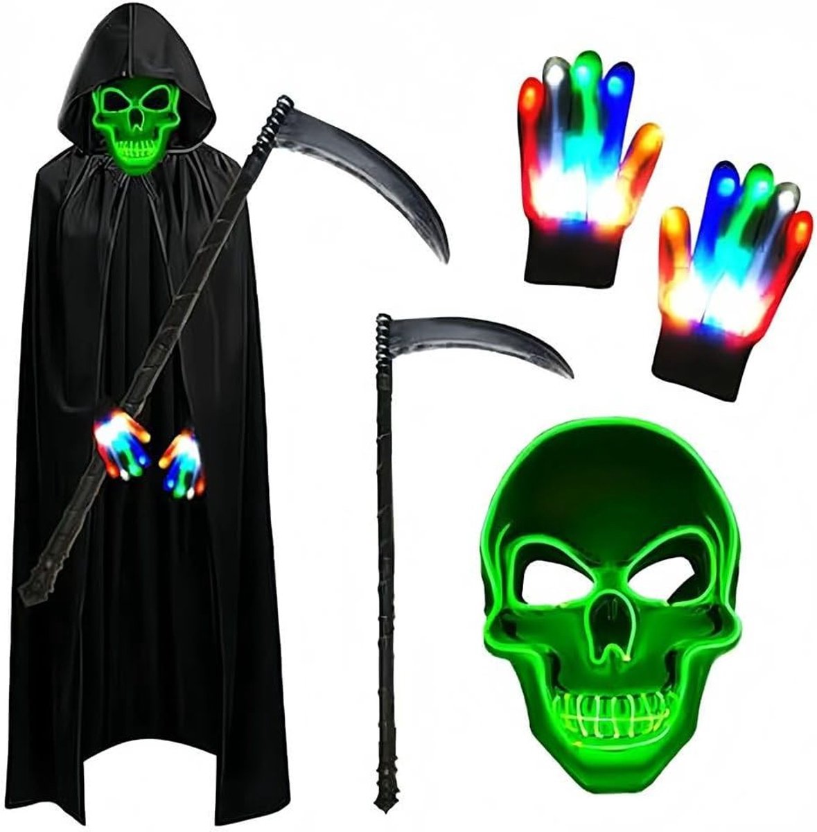 Halloween Kostuum Set voor Jongens en Volwassenen, Luminous Masker, Sensenman Cape en Schythe voor Feest, Carnaval en Cosplay Activiteiten