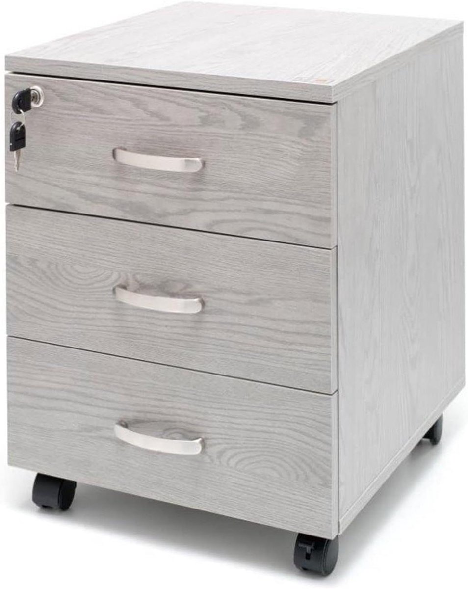 Kantoorcommode Hout - Bureaukast Lade - Opbergen Thuiskantoor - Met Wielen - 40 x 44 x 53 cm - Grijs
