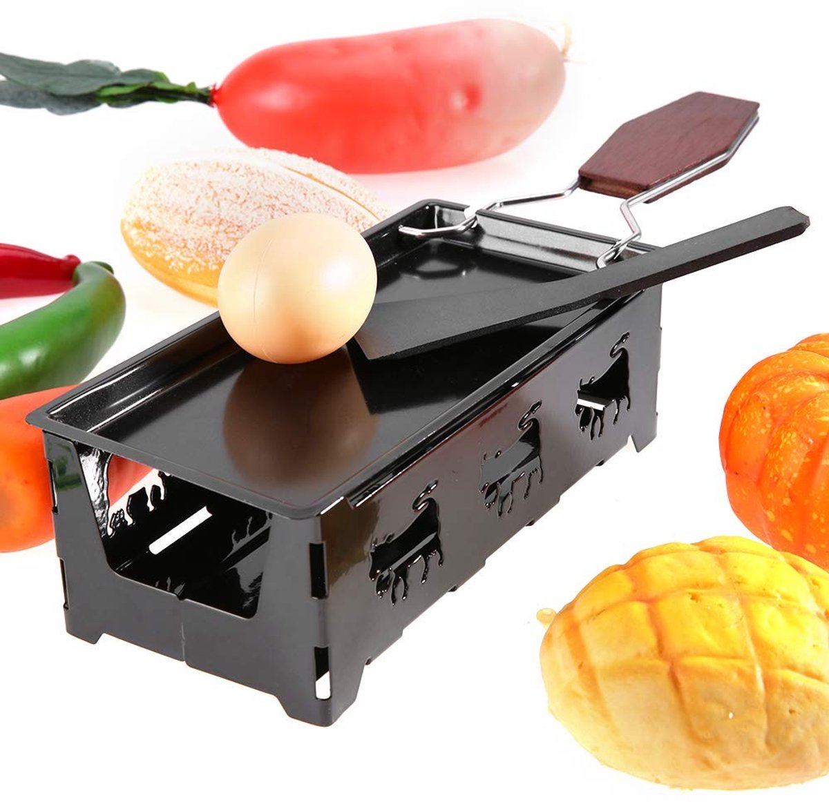 Brenzoos - Mini Raclette Set - Portable Raclette Grill - Anti-Stick Design - Zwart - Compact en Lichtgewicht - Ideaal voor Feestjes - Inclusief Spatel