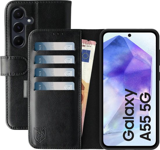 Samsung Galaxy A55 hoesje Rosso Element kunstleer wallet book case 3 pasjes magneetsluiting standfunctie zwart