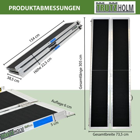 Afmetingen van de opvouwbare aluminium oprit met zwart antislipoppervlak.