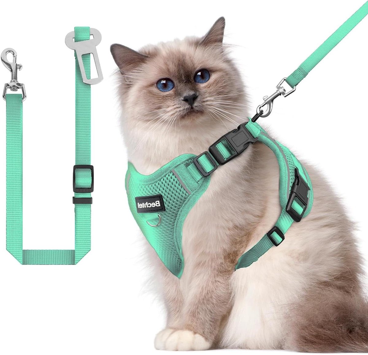 Kattenharnas en riem om te wandelen, de upgrade kan in vier richtingen worden aangepast en ademend kattenharnas voor anti-ontsnapping, dat kan worden gemonteerd en gepositioneerd, harnas met