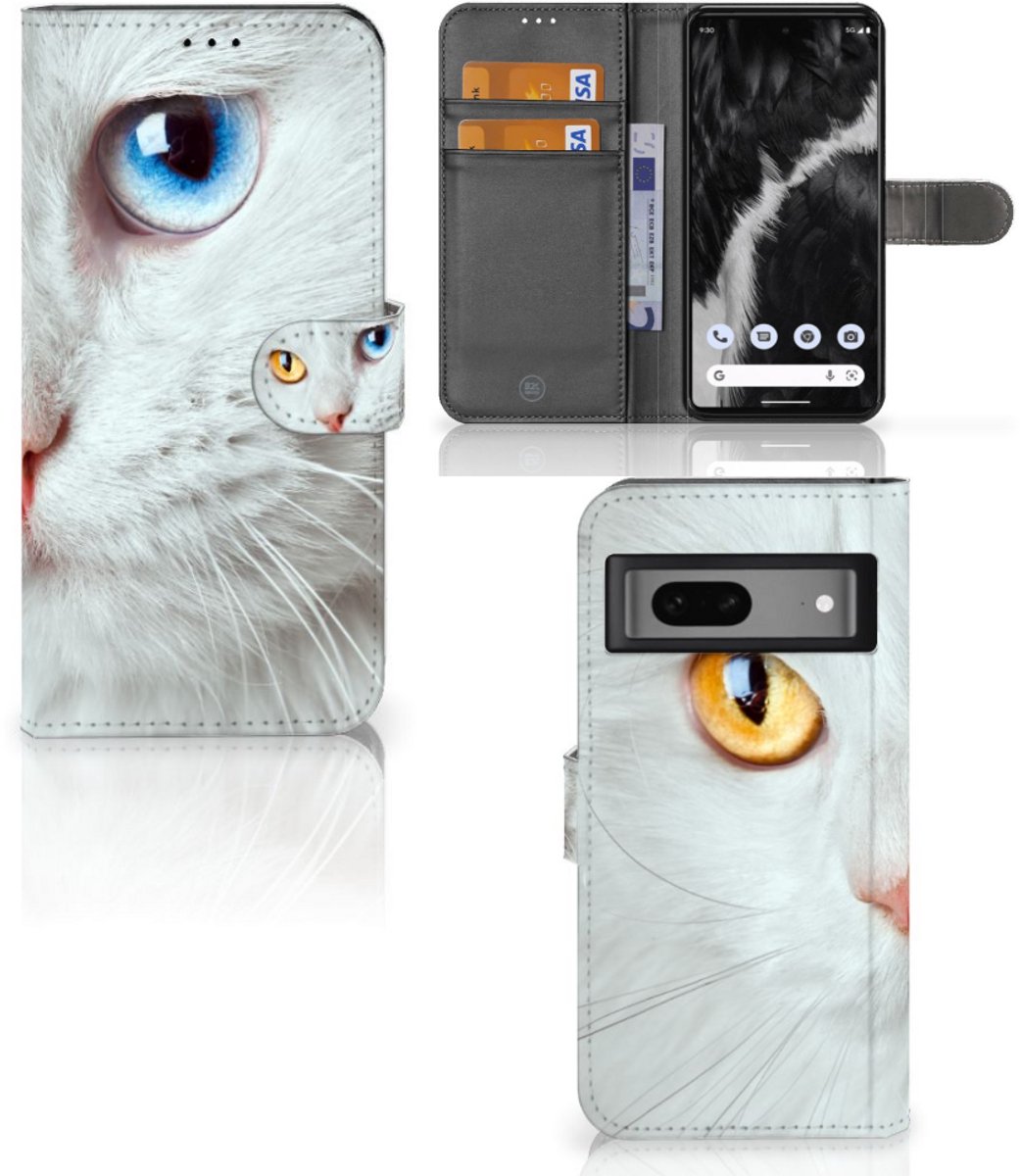 Google Pixel 7 Telefoonhoesje met Pasjes Witte Kat