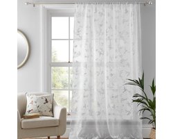 Dreams & Drapes - Eenpersoons vitrage voor ramen, 140 x 228 cm (b x l) - voilegordijn voor slaapkamer/woonkamer - voile gordijn met bloemen en bladeren - transparant gordijn met witte bloemen -