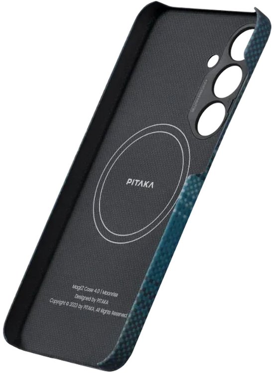 Zwart telefoonhoesje met blauw geruit patroon aan de zijkant, MagEZ Case 4, Moonrise, PITAKA logo.