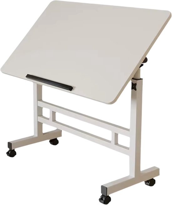 In hoogte verstelbaar sta-bureau met wielen en opbergplanken, mobiele eindtafel voor bank, laptop, rollende kar C-vormig tv-dienblad (Bianco 80 x 40 cm In hoogte verstelbaar sta-bureau met wielen en opbergplanken, mobiele eindtafel voor bank, laptop, rollende kar C-vormig tv-dienblad (Bianco 80 x 40 cm
