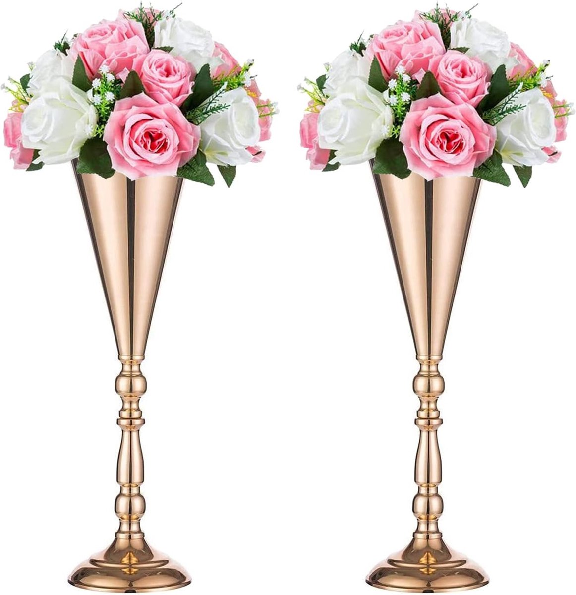 Set van 2 hoge metalen bruiloft centerpieces voor receptie, gouden bloemenvaasstandaard, b