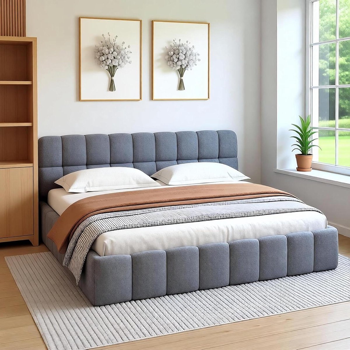 Gestoffeerd Bed - Tweepersoonsbed Bedframe - Comfortabel Slapen - Ingebouwd Matras Design - 140 x 190 cm - Grijs