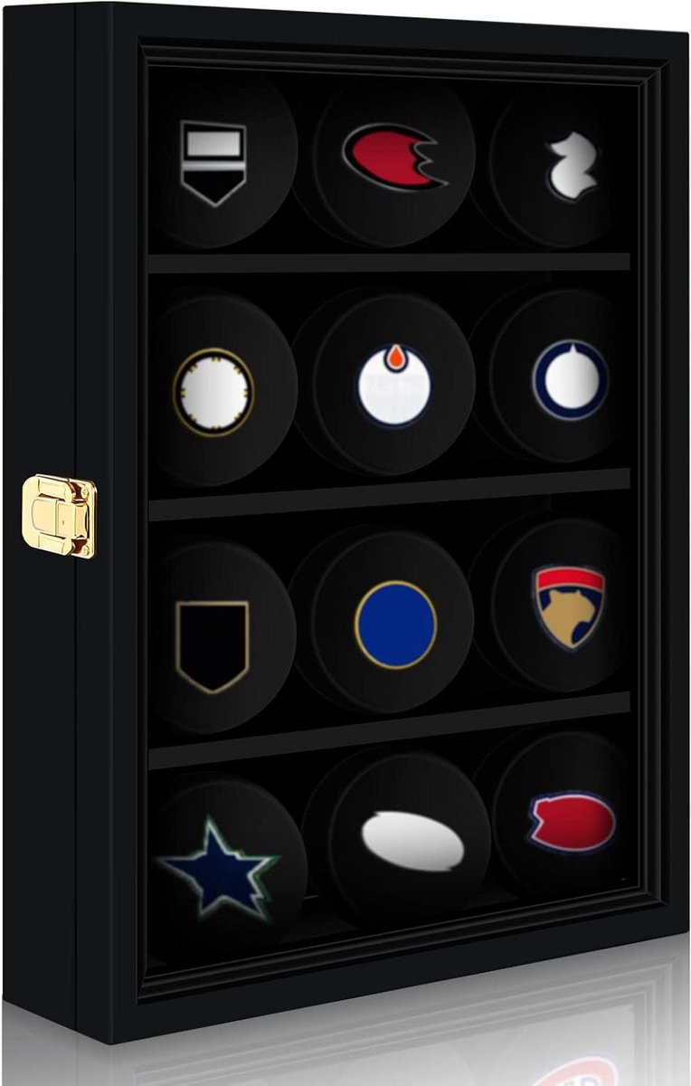 Hockey Puck Vitrinekast - Puckhouder Schaduwdoos - Verzamelingen Presenteren - Afsluitbaar Met Haken - 36.5 x 28 x 7.6 cm