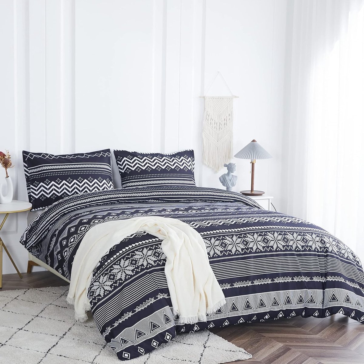 Luxe beddengoed set met praktische rits, zwart Bohemian patroon, dekbedovertrek 180 x 220 cm, hoeslaken 230 x 230 cm en 2 kussenslopen 48 x 74 cm voor een stijlvolle slaapkamer – foto 5