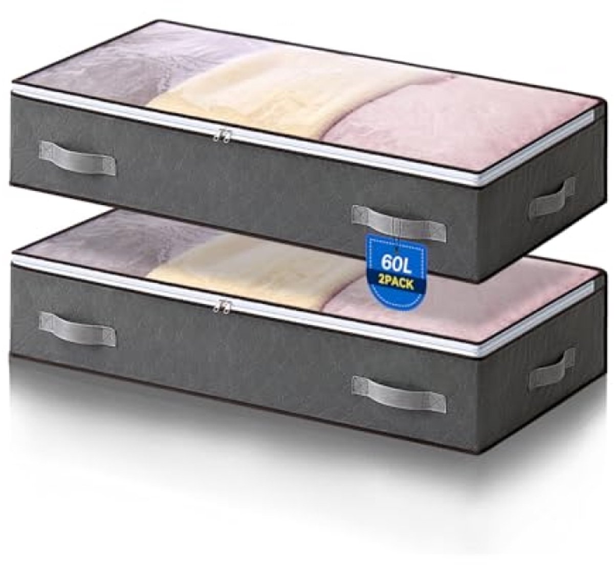 Set van 2 opvouwbare opbergboxen met venster voor onder het bed - 60 liter - Grijs