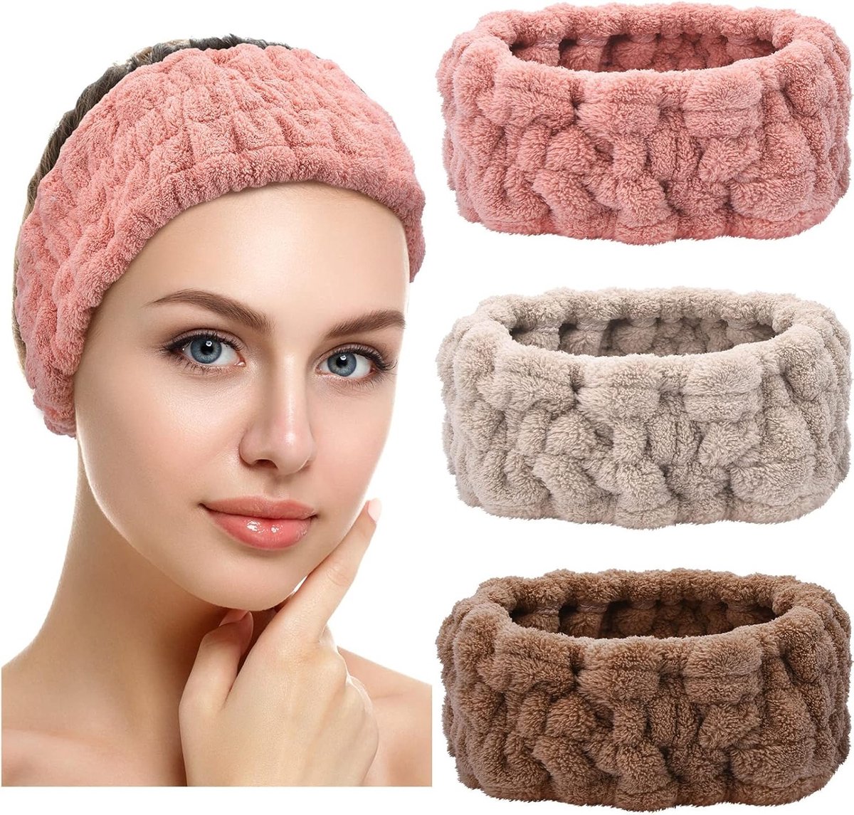 3 Stuks Zachte Spa Haarbanden voor Vrouwen - Ideaal voor Gezichtsmaskers, Make-up en Douche - Perfecte Verzorgingsaccessoires in Roze, Grijs en Donkerbruin