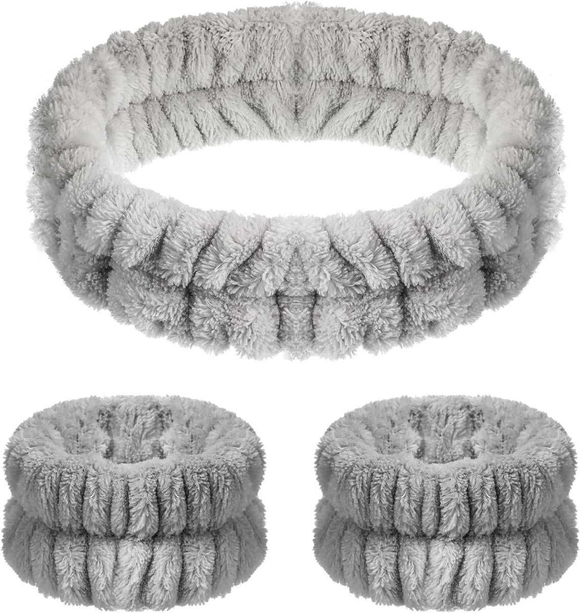 Set van 3 Haarbanden en Armbanden voor Gezichtsreiniging, Spa en Makeup - Elastische Haarbanden voor Huidverzorging en Schoonheidsroutine (Grijs)