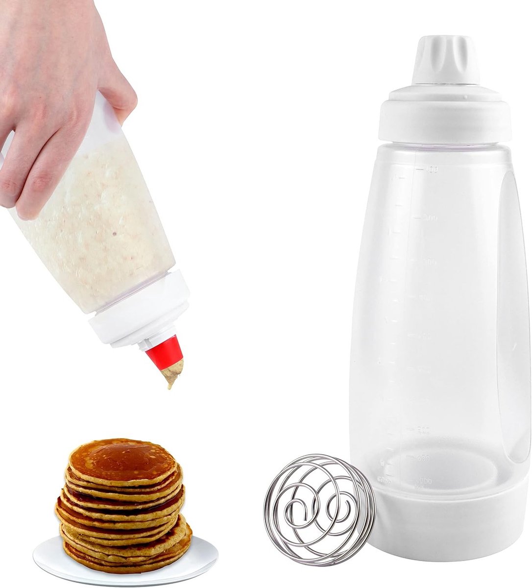 Dough portioner voor pannenkoeken, 1000ml handmatige beslagdispenser met mengbal voor muffins, crêpes en wafels