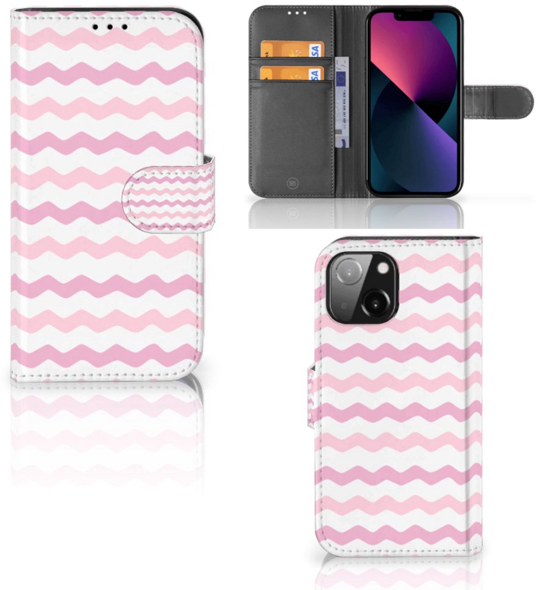 Book Case voor iPhone 13 Mini Telefoon Hoesje Waves Roze