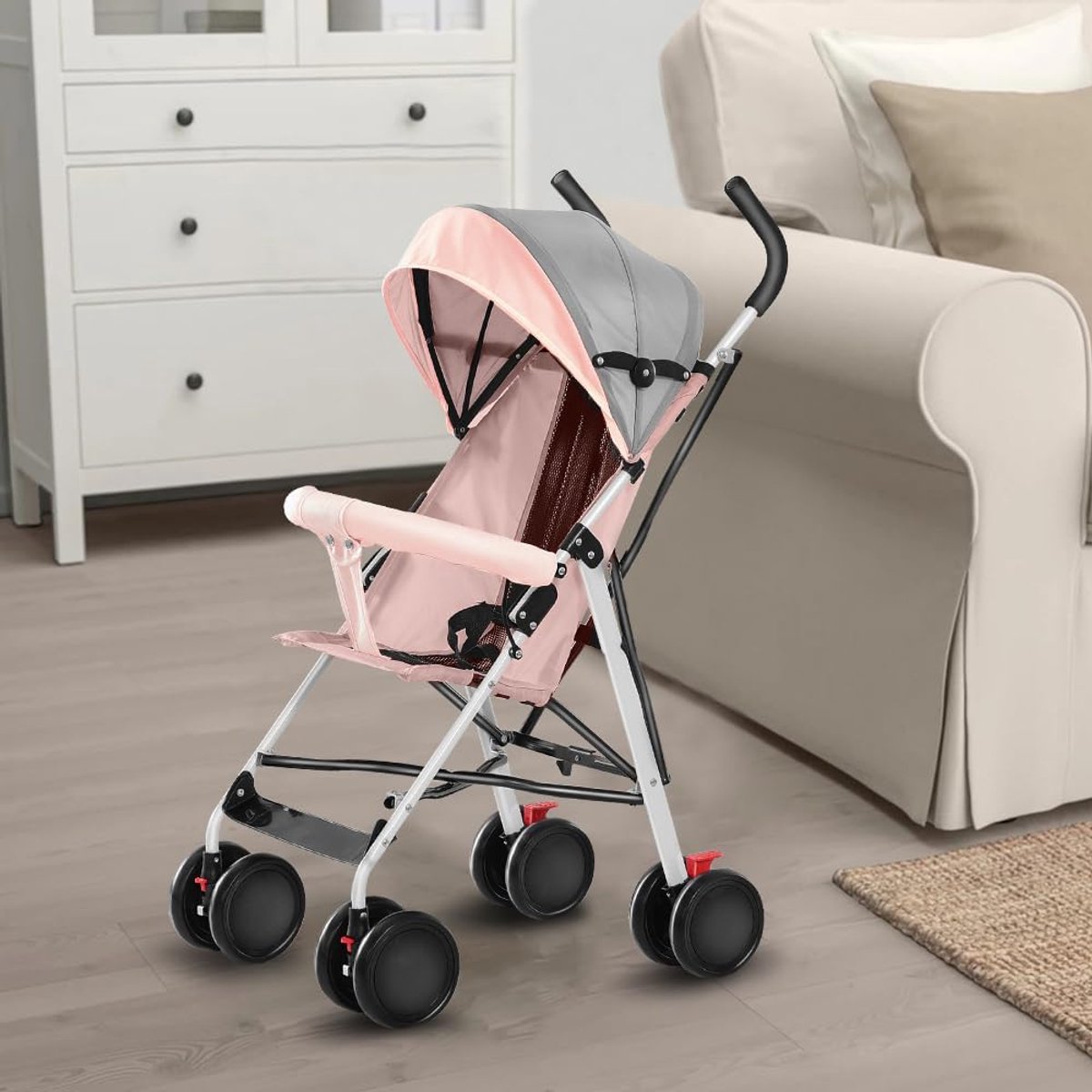 Lichtgewicht Kinderwagen - Compacte Buggy - Veilig Reizen - One-handed Sluiting - 98 x 21 x 21 cm - Roze