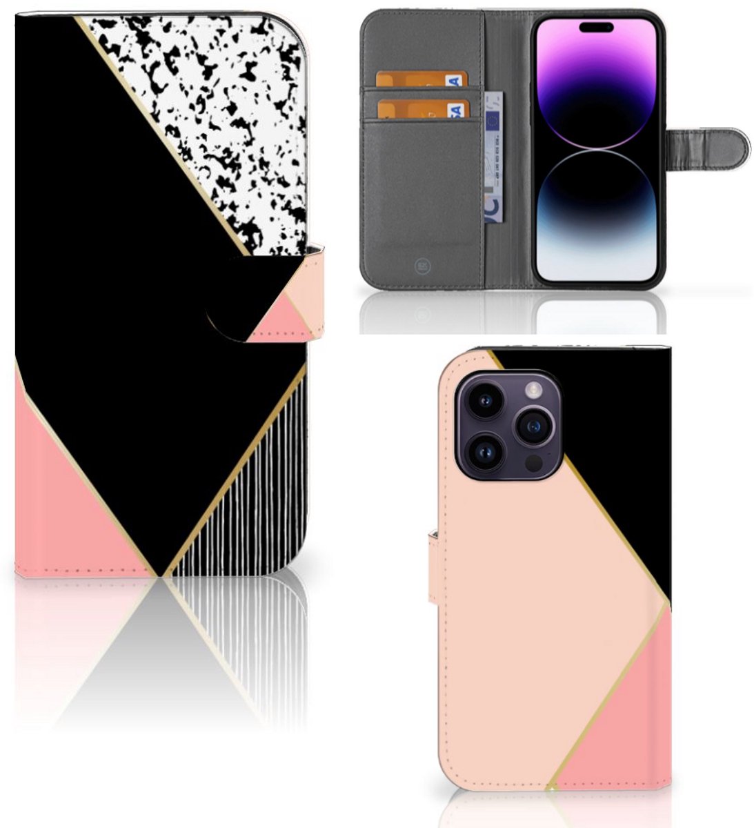 iPhone 15 Pro Max Book Case Zwart Roze Vormen