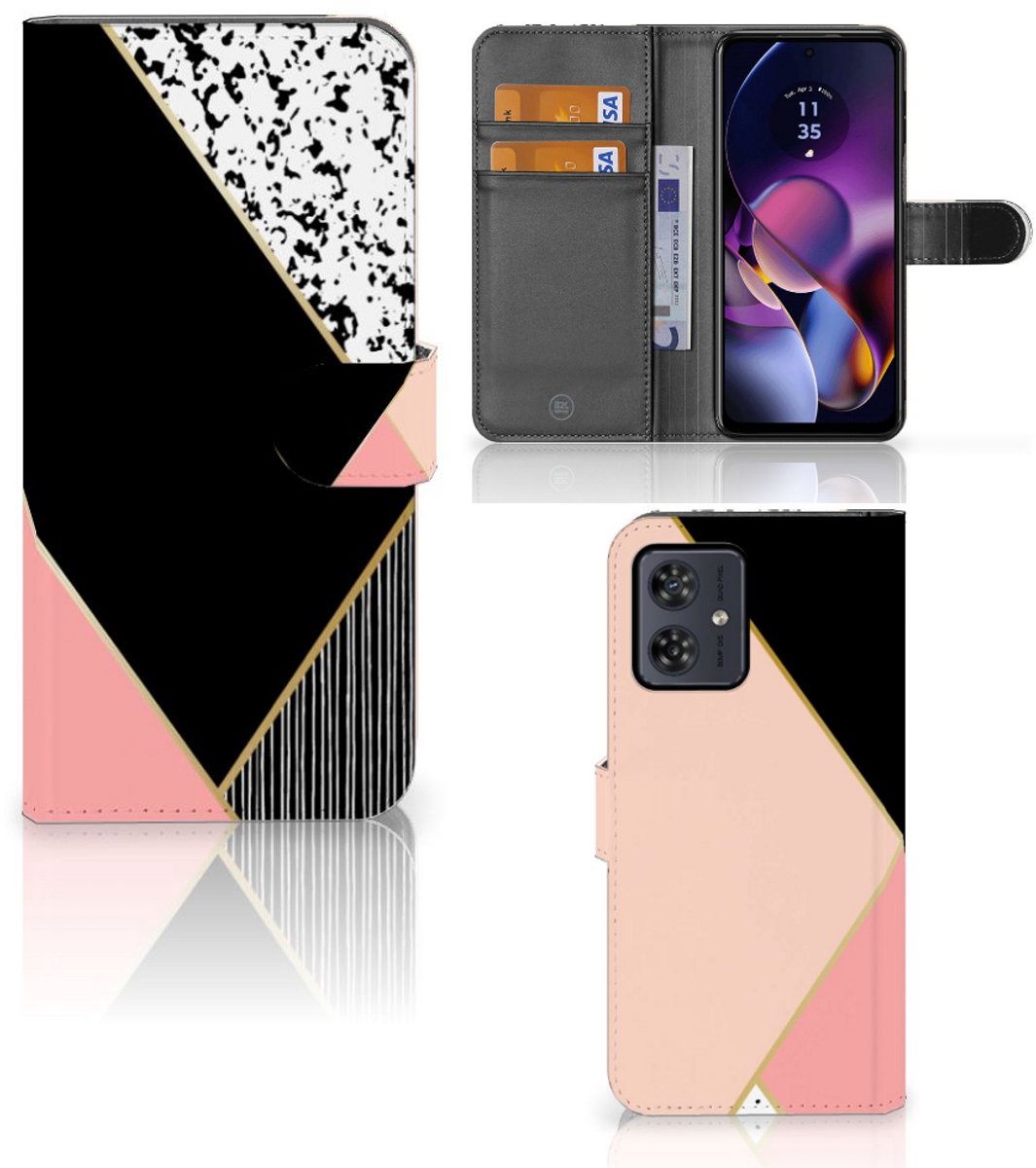 Motorola Moto G54 Book Case Zwart Roze Vormen