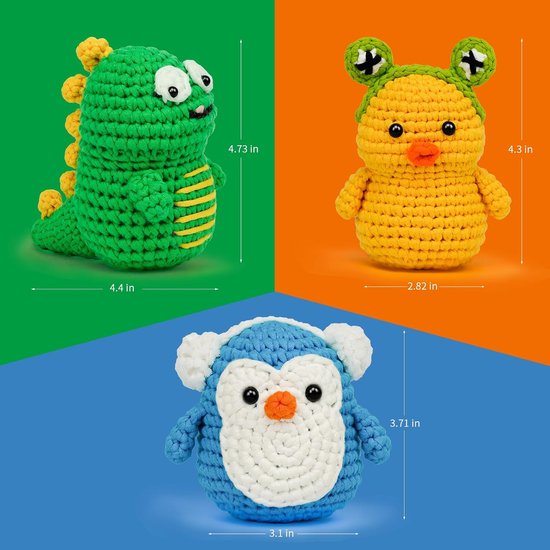 Dowsabel Haakset voor beginners, 3 patroondieren - dinosaurus, eend, pinguïn, leren haken kits voor volwassenen en kinderen, doe-het-zelf breibenodigdheden met stapsgewijze videozelfstudies — afbeelding 2