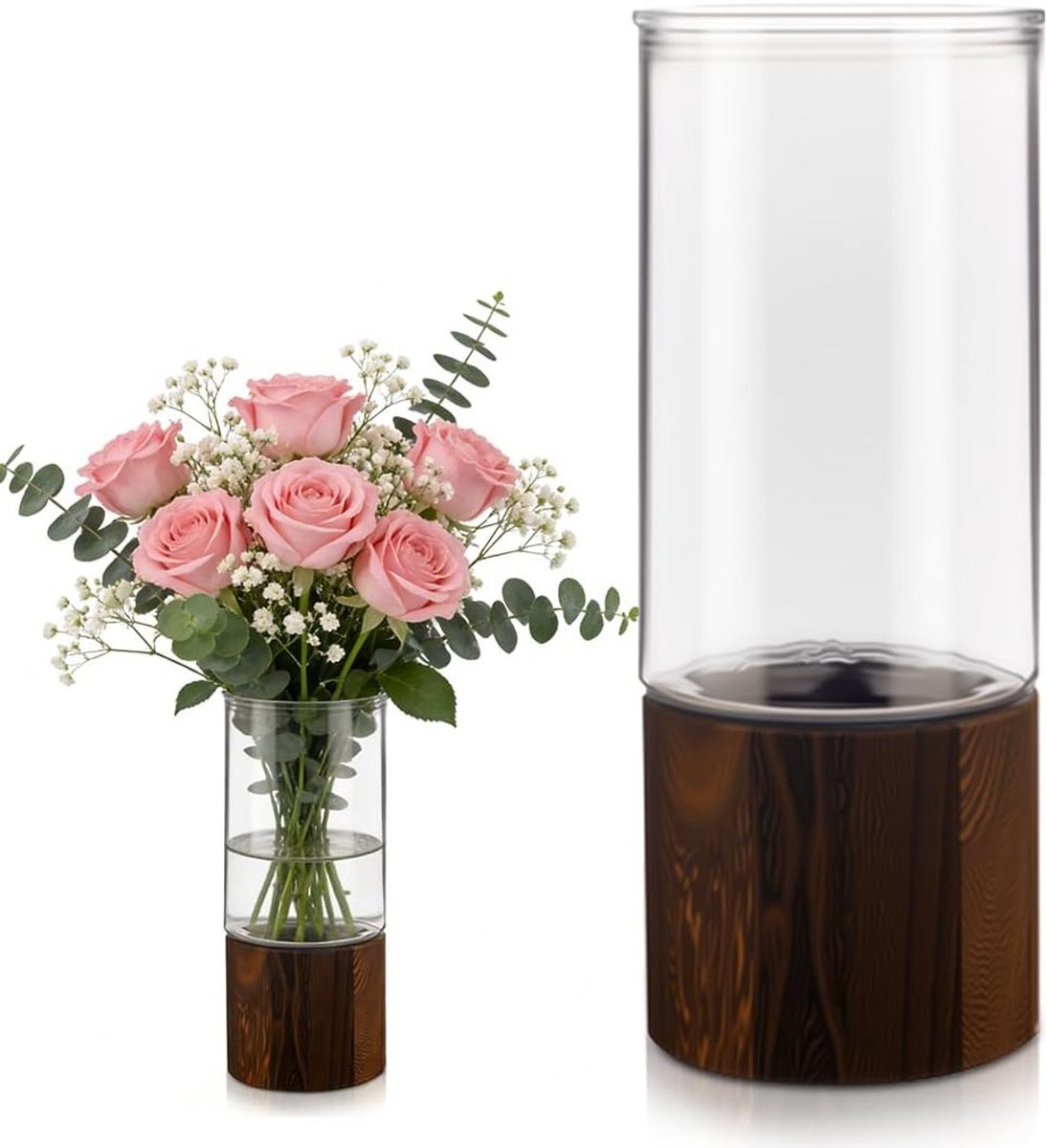 Moderne Houten Bloemvaas - Stijlvolle Glazen Cilinder, Perfecte Plant Houder voor Thuis en Kantoor