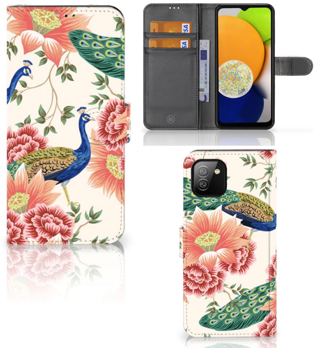 Telefoonhoesje met Pasjes voor Samsung Galaxy A03 Pink Peacock