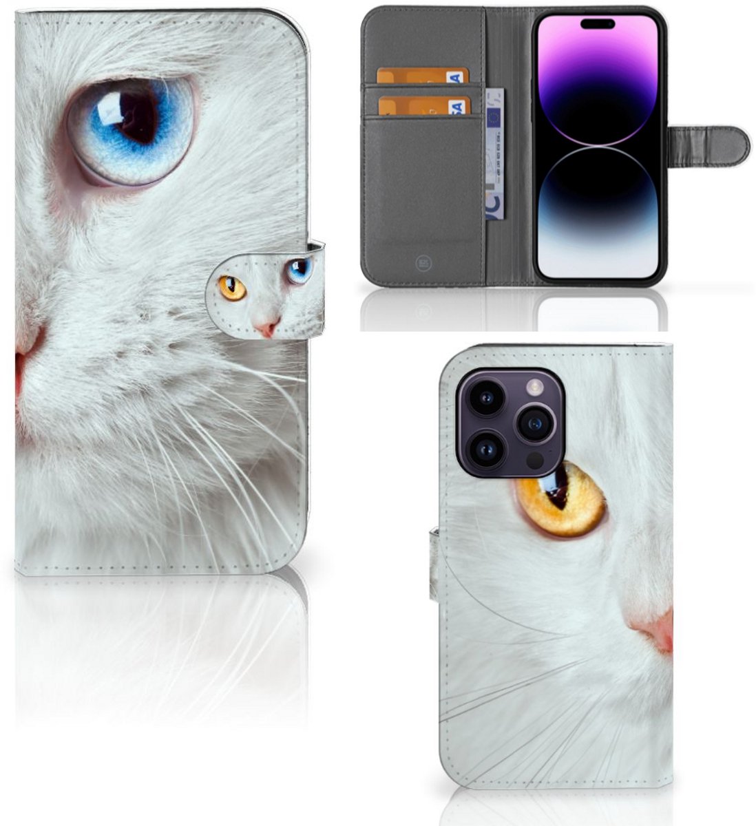 iPhone 15 Pro Max Telefoonhoesje met Pasjes Witte Kat