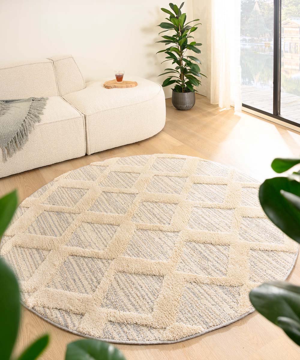 Tapeso Scandinavisch vloerkleed rond - Fjord Dvale grijs/crème 160