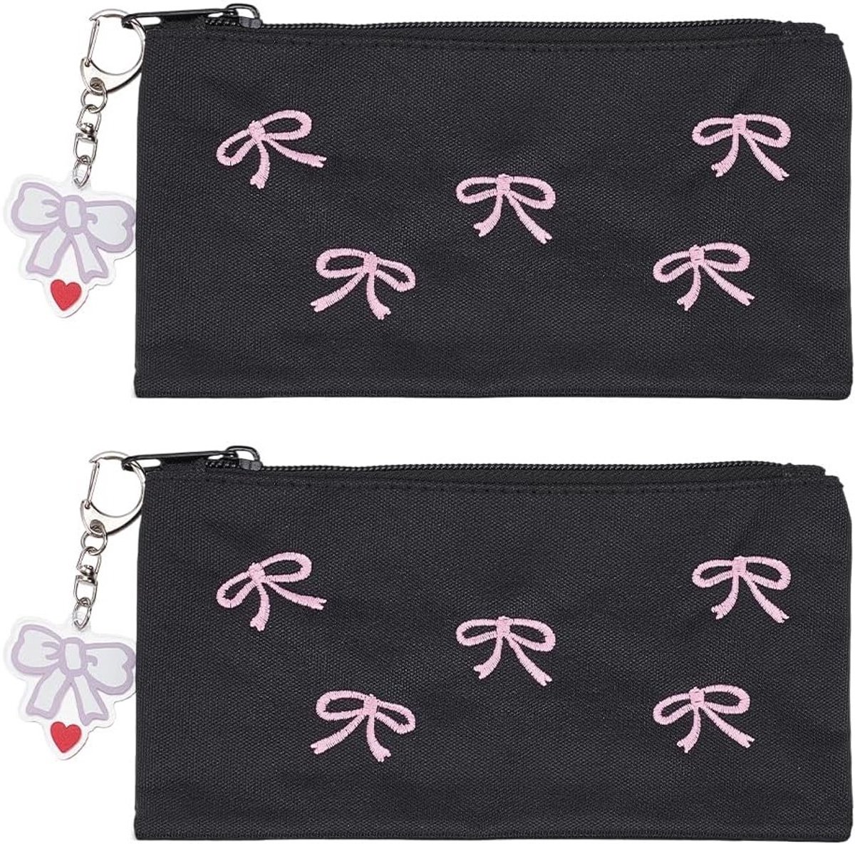 2 Stuks Grote Pennenzak met Boog Borduurwerk, Nylon Rits Etui voor Volwassenen, 10x19.5cm, Ideaal voor School en Kantoor