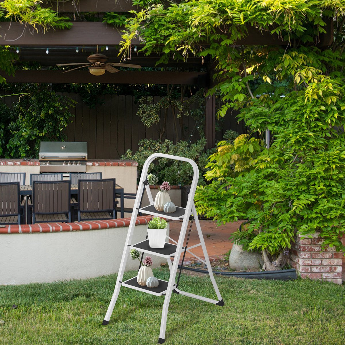 Froadp 3-treden metalen ladder, opvouwbare ladder, opstapje, antislip trapladder, multifunctionele ladder, opvouwbaar opstapje, opstapladder, sta-ladder tot 150 kg, zwart-wit – foto 7