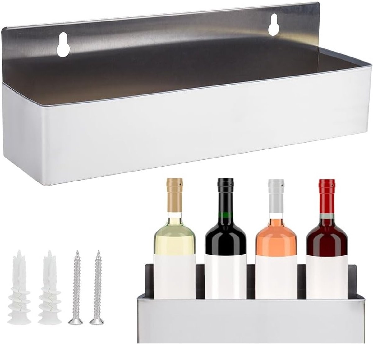 Roestvrijstalen wandhouder voor flessen - Drinkrek voor alcoholische dranken, atomiser en baraccessoires - Afmetingen 41 x 10.5 x 13.7 cm