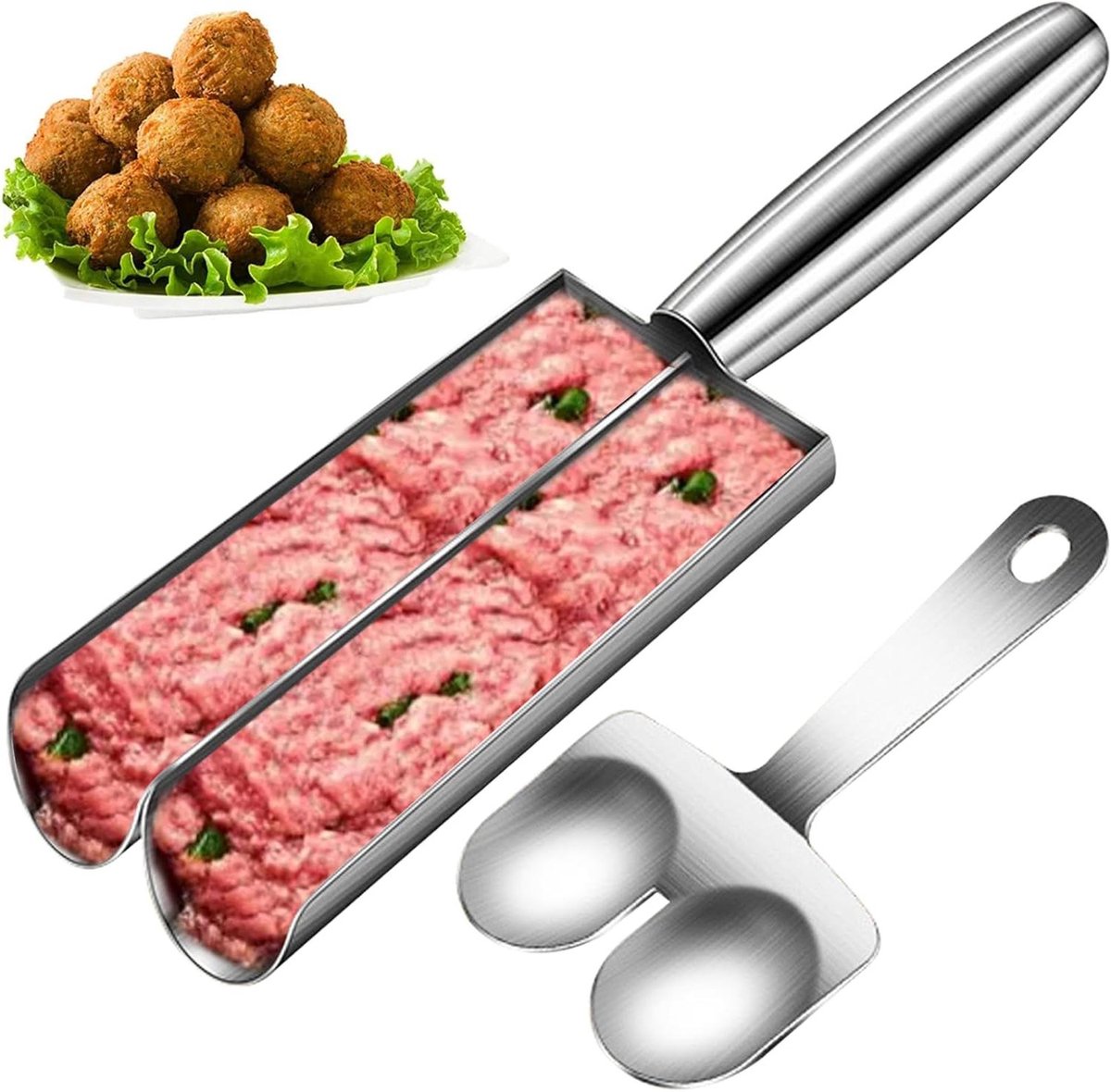 Gehaktbal Maker - Gehaktbal Schep - Snel Gehaktballen Maken - Dubbele Buis Ontwerp - 24 x 7.4 cm - Zilver