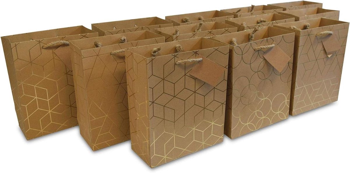 Kraft Cadeautassen - Papieren Tassen - Feestelijke Geschenkverpakking - Trendy Geometrisch Folieontwerp - 12 stuks - Bruin